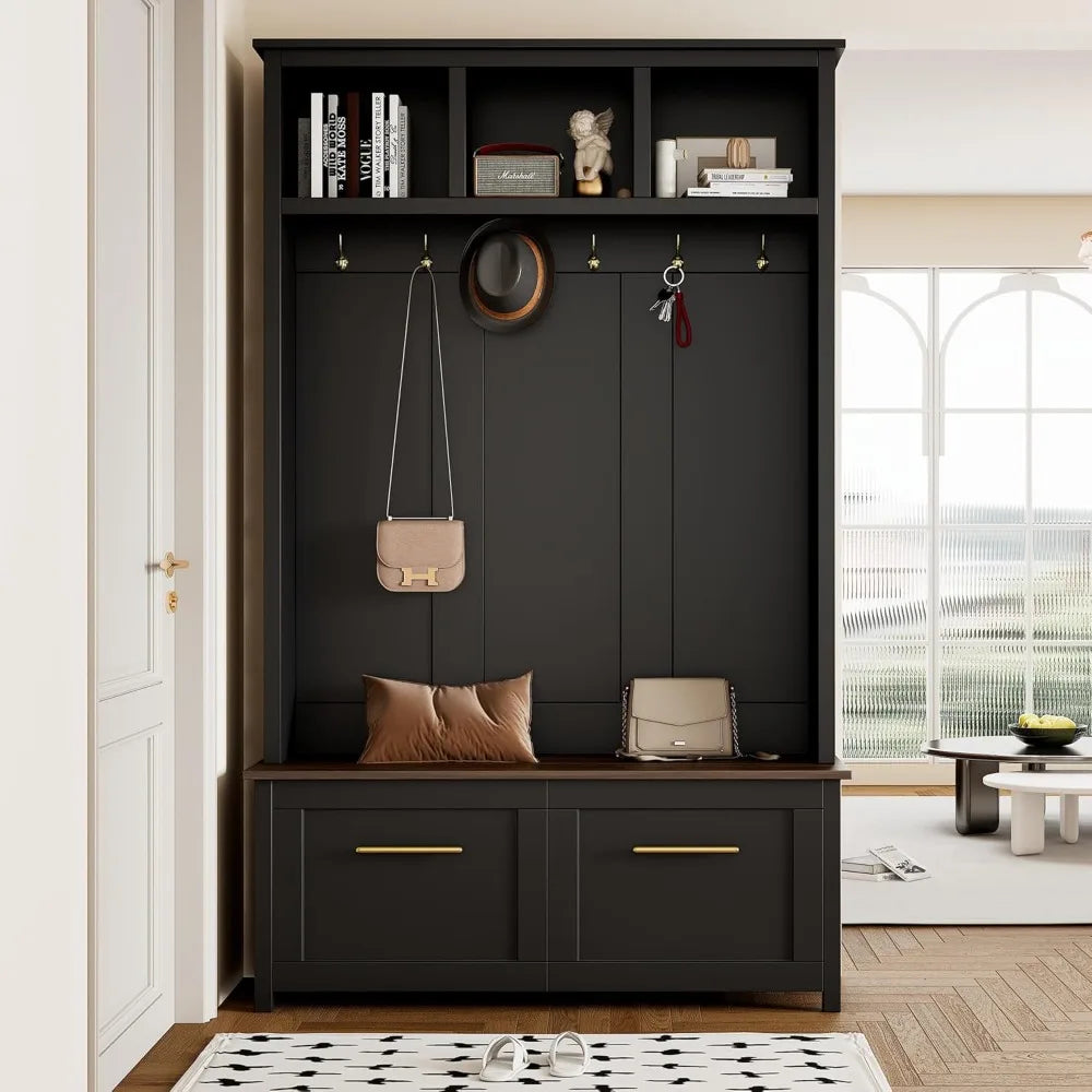 Hall Tree with Brown Wood Grain Storage Bench for Entryway, Mudroom Coat Rack with 6 Golden Hooks, 4-in-1 Hallway Coat Racks wit