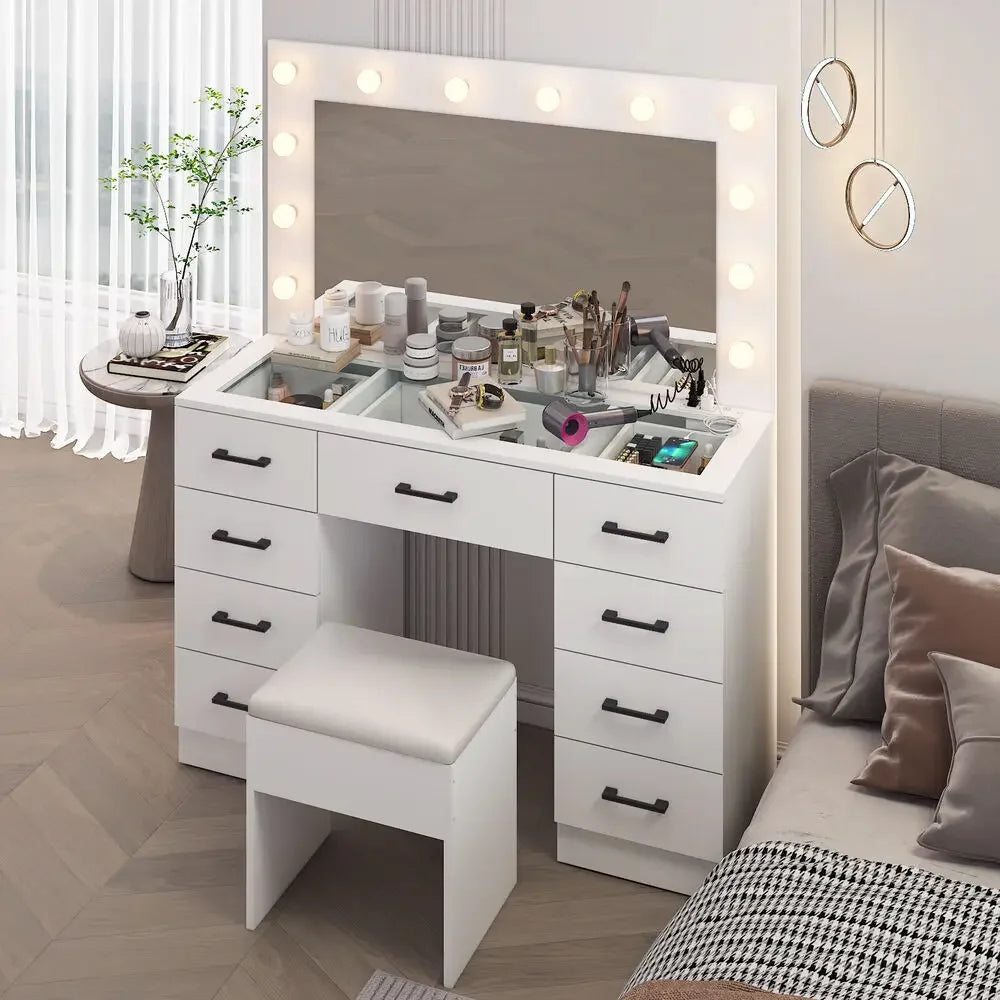 Makeup Vanity Desk Set Large LED Mirror with 9 Drawers Dresser & Power Outlet