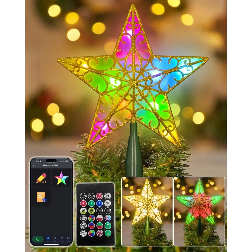 9" Christmas Tree Toppers Star with Smart APP Control 3D Gold Tree Topper for DIY, Dimming, Music, Timer, LED Multicolor Christm