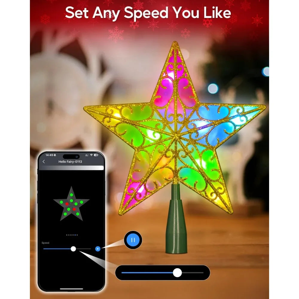 9" Christmas Tree Toppers Star with Smart APP Control 3D Gold Tree Topper for DIY, Dimming, Music, Timer, LED Multicolor Christm