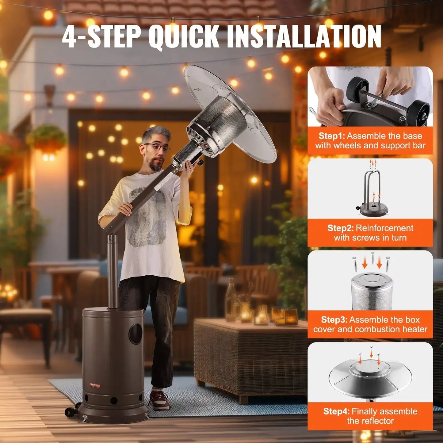 Propane Patio Heater 50000BTU Tall Hammered w/Round Table Outdoor Bronze