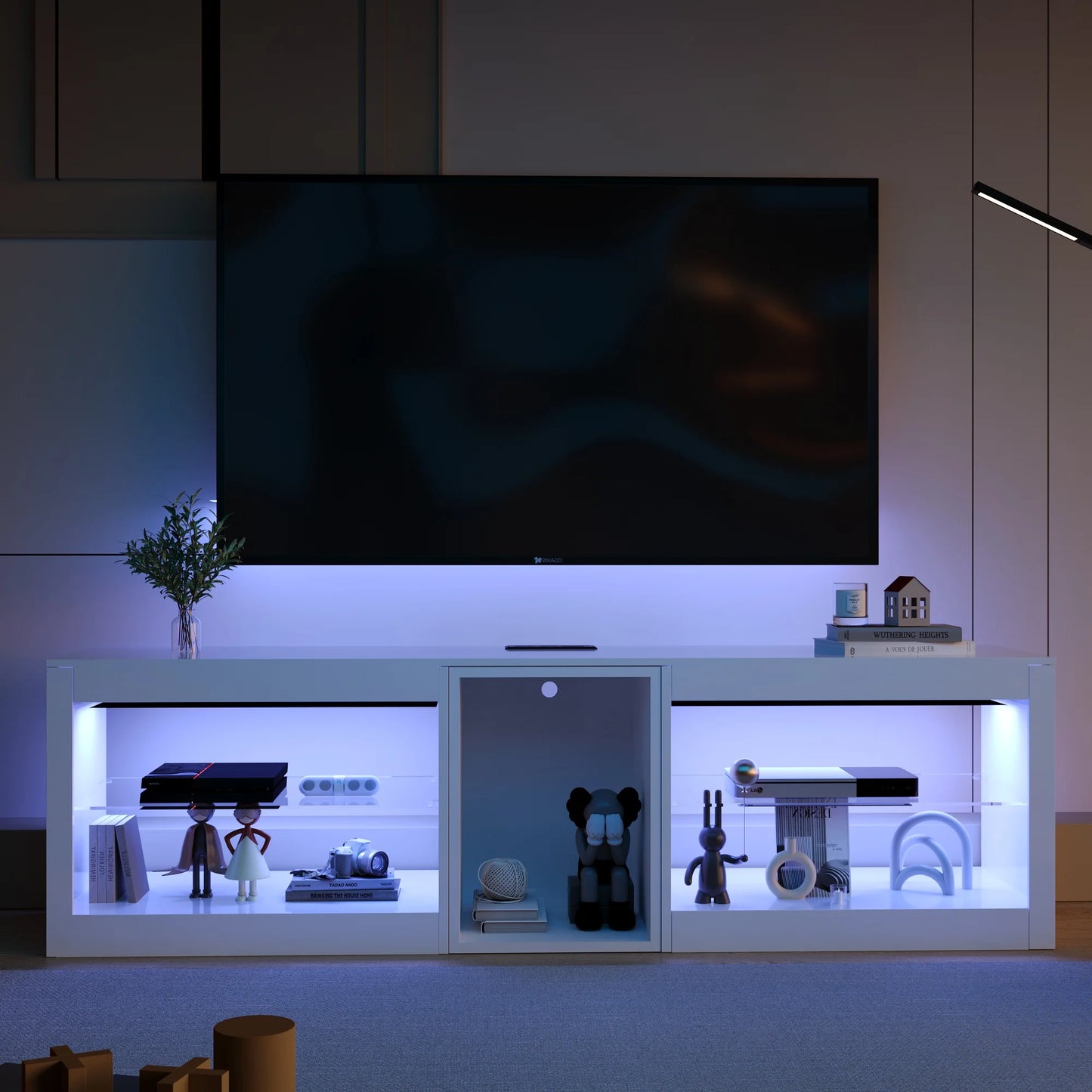 63" LED TV Stand for Televisions up to 70In, TV Cabinet with Adjustable Glass Storage Shelves, Modern LED Entertainment Center