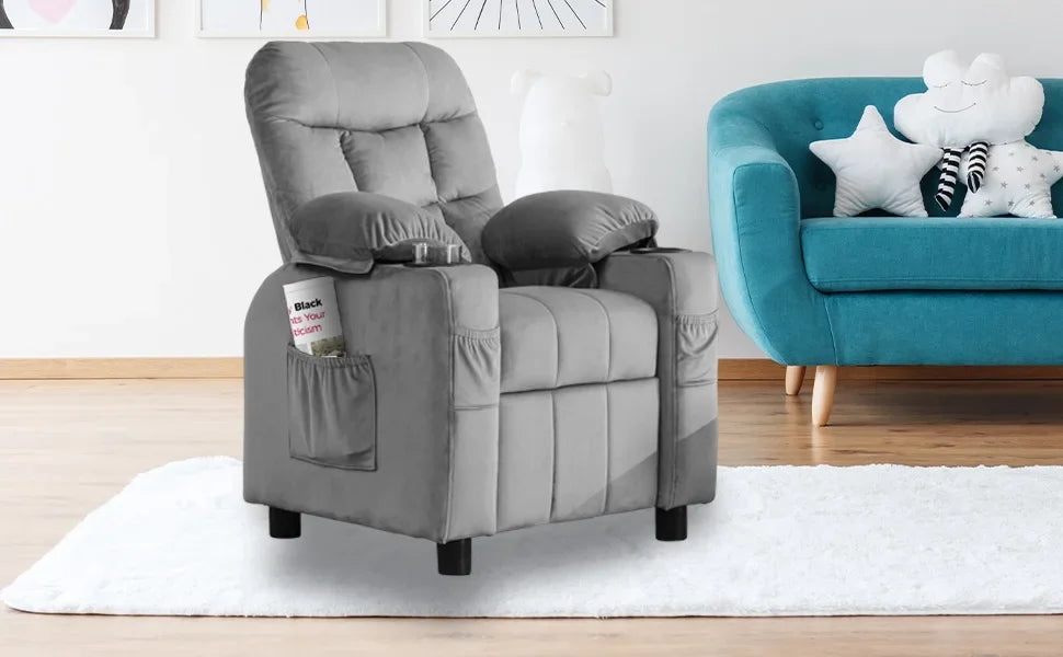 Toddlers Kids Recliner Chair Ergonomic Adjustable Chair Footrest & Side Pockets Baby Sofa for Boys and Girls Bedroom (Gray)