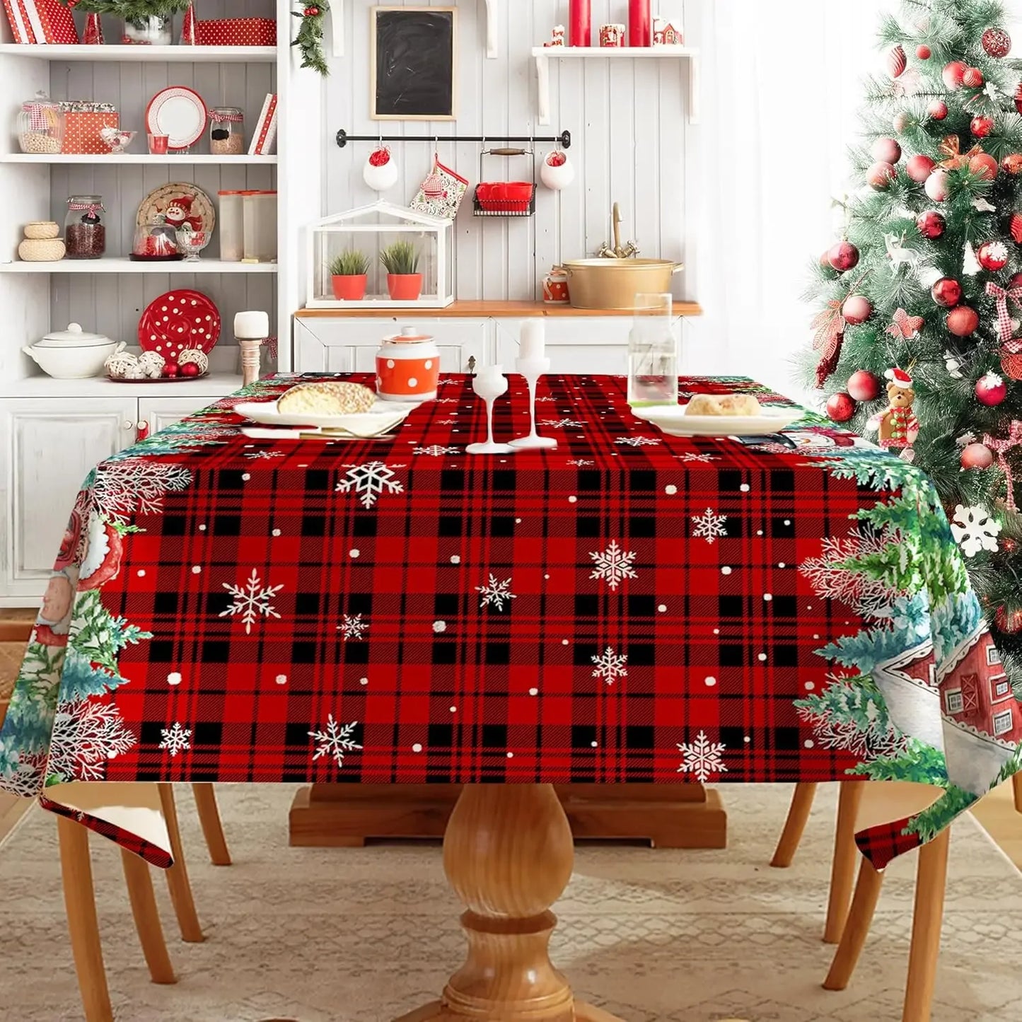 Christmas Snowman Waterproof Tablecloth Party Decor Xmas Washable Red Green Plaid Table Cloths Kitchen Dining Room Table Decor