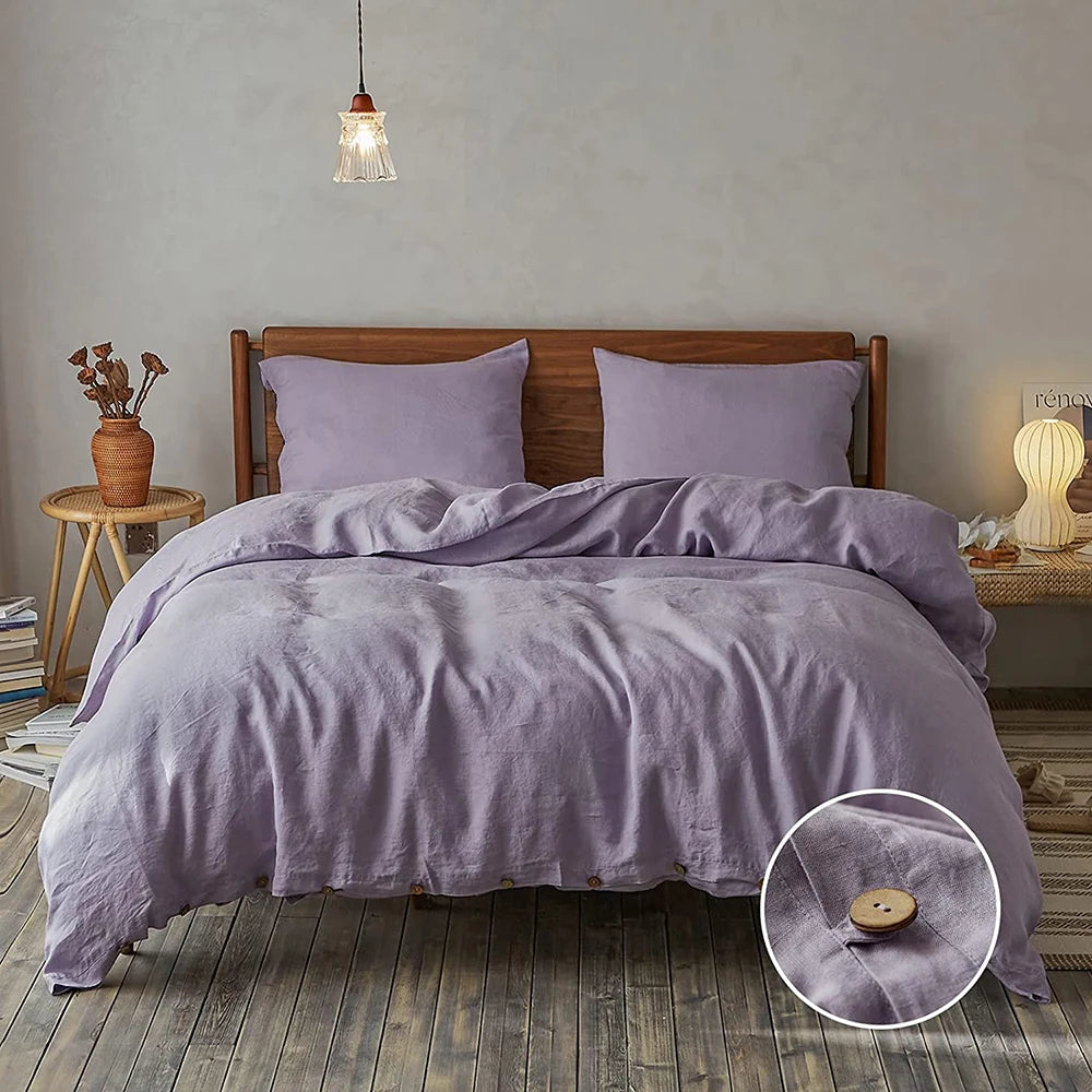 Simple&Opulence 100% Linen 3Pcs Bedding Set Natural Flax Breathable King Size with Coconut Button Comforter Duvet Cover Set