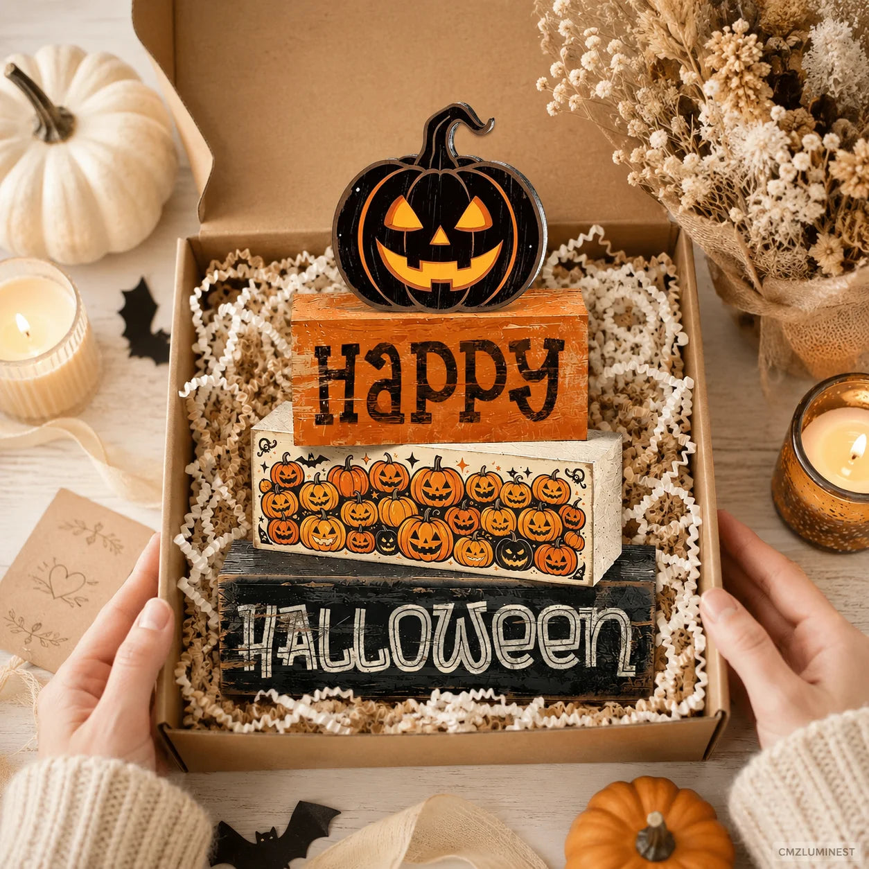 4-Piece Halloween Tiered Tray Décor Set . Rustic Farmhouse Wooden Signs for Halloween Home, Kitchen & Coffee Bar Decorations