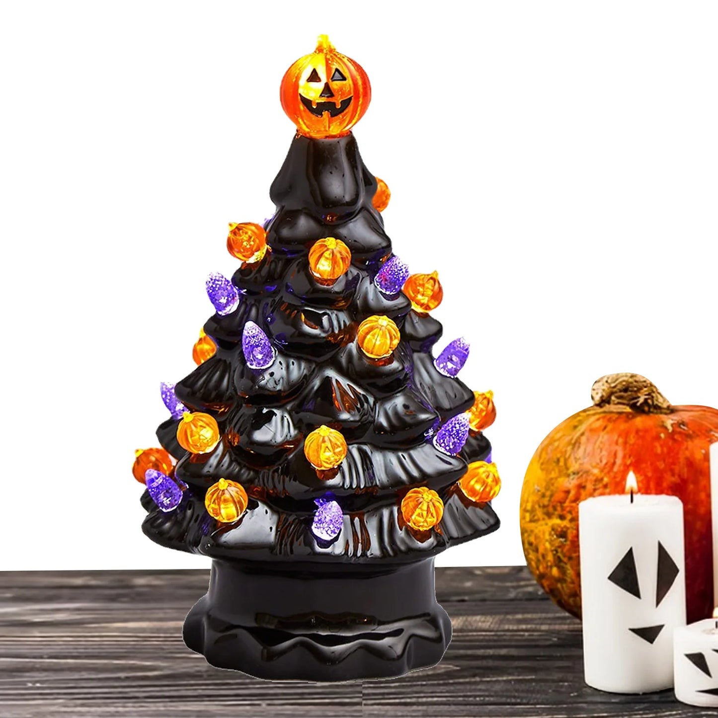 Halloween LED Tree Table Centerpiece Halloween Decor Ceramic Tree Christmas Tree Pumpkin Lighted Halloween Decorations