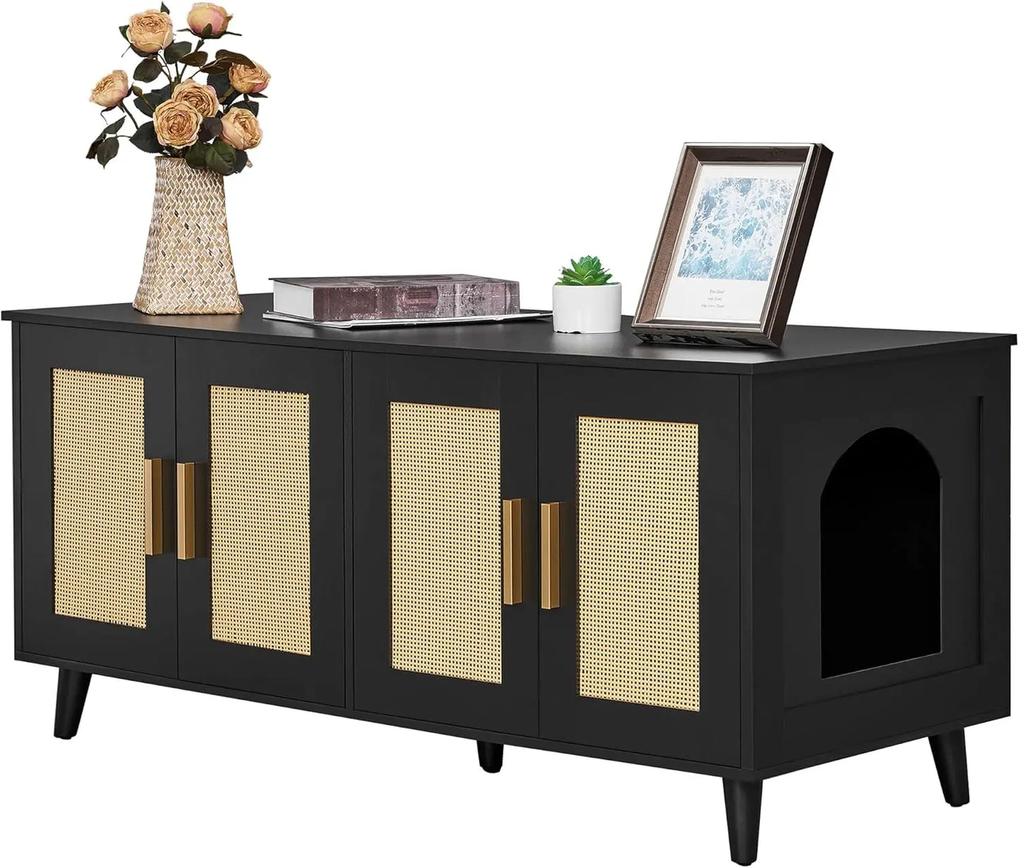Homhedy Boho Cat Litter Box Enclosure for 2 Cats Litter Box Furniture Hidden with Double Rattan Decorated Doors,Wooden Cat