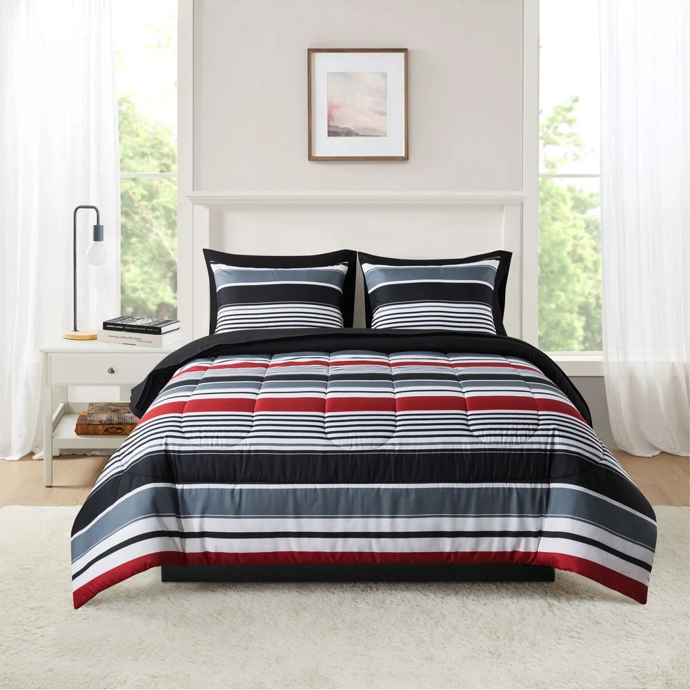 7 Piece Reversible Bedding Set Queen Comforter Sheets Pillowcases Shams Soft Polyester Machine Washable Unisex Storage Bag