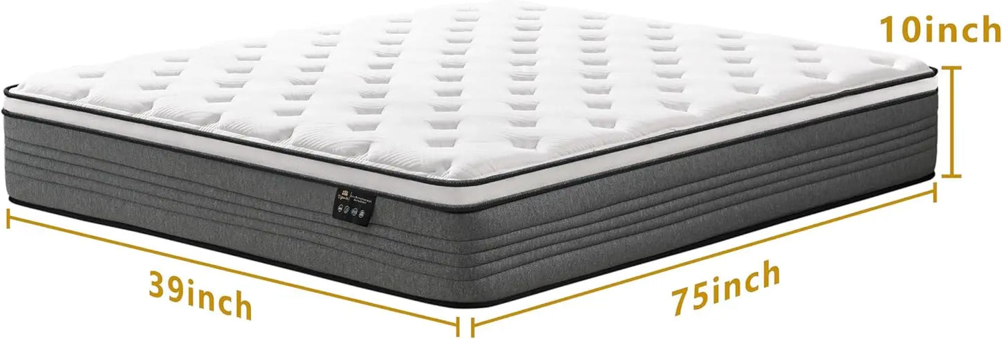 Twin Mattress, 10 Inch Twin Size Mattresses, 10 Inch Hybrid Pocketed Coil Mattress in a Box with Gel Memory Foam, Medium Firm, C