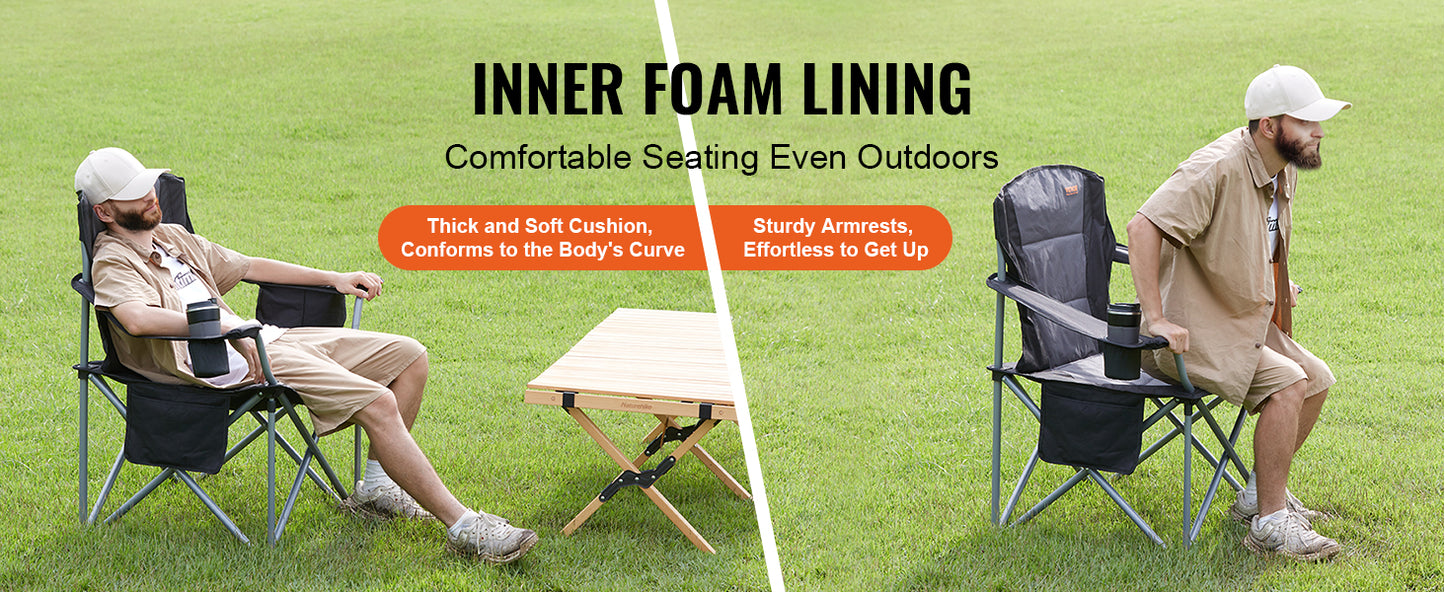 SucceBuy Camping Folding Chair for Adults Portable Quad Lumbar Back Padded Arm Chairs with Side Pockets for Beach, Lawn, Picnic