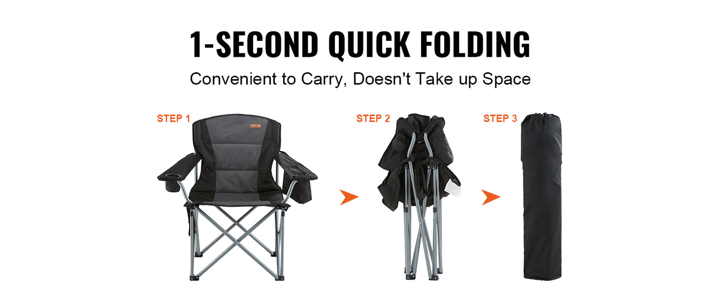 SucceBuy Camping Folding Chair for Adults Portable Quad Lumbar Back Padded Arm Chairs with Side Pockets for Beach, Lawn, Picnic