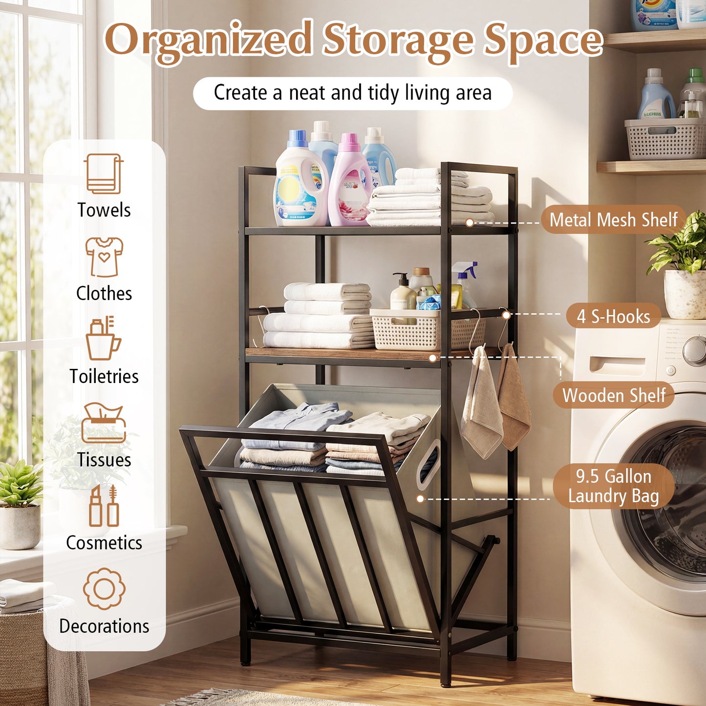 2-Tier Laundry Hamper Organizer with Tilt-Out Basket, Storage Shelf and 4 Hooks