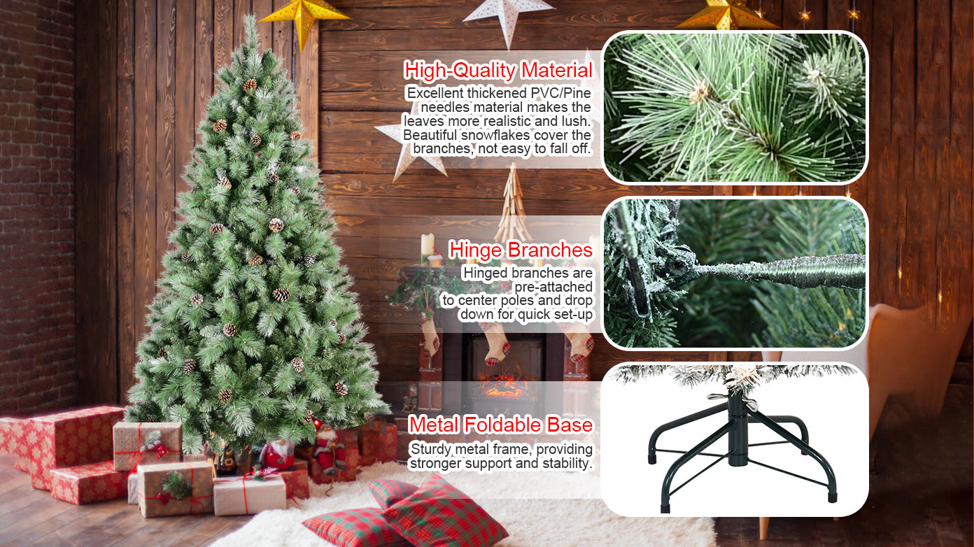 7FT Premium Artificial Christmas Tree with 82 Pine Cones, 1,348 Tips & Mixed PVC/Hard Needle Branches .Luxury Holiday Tree