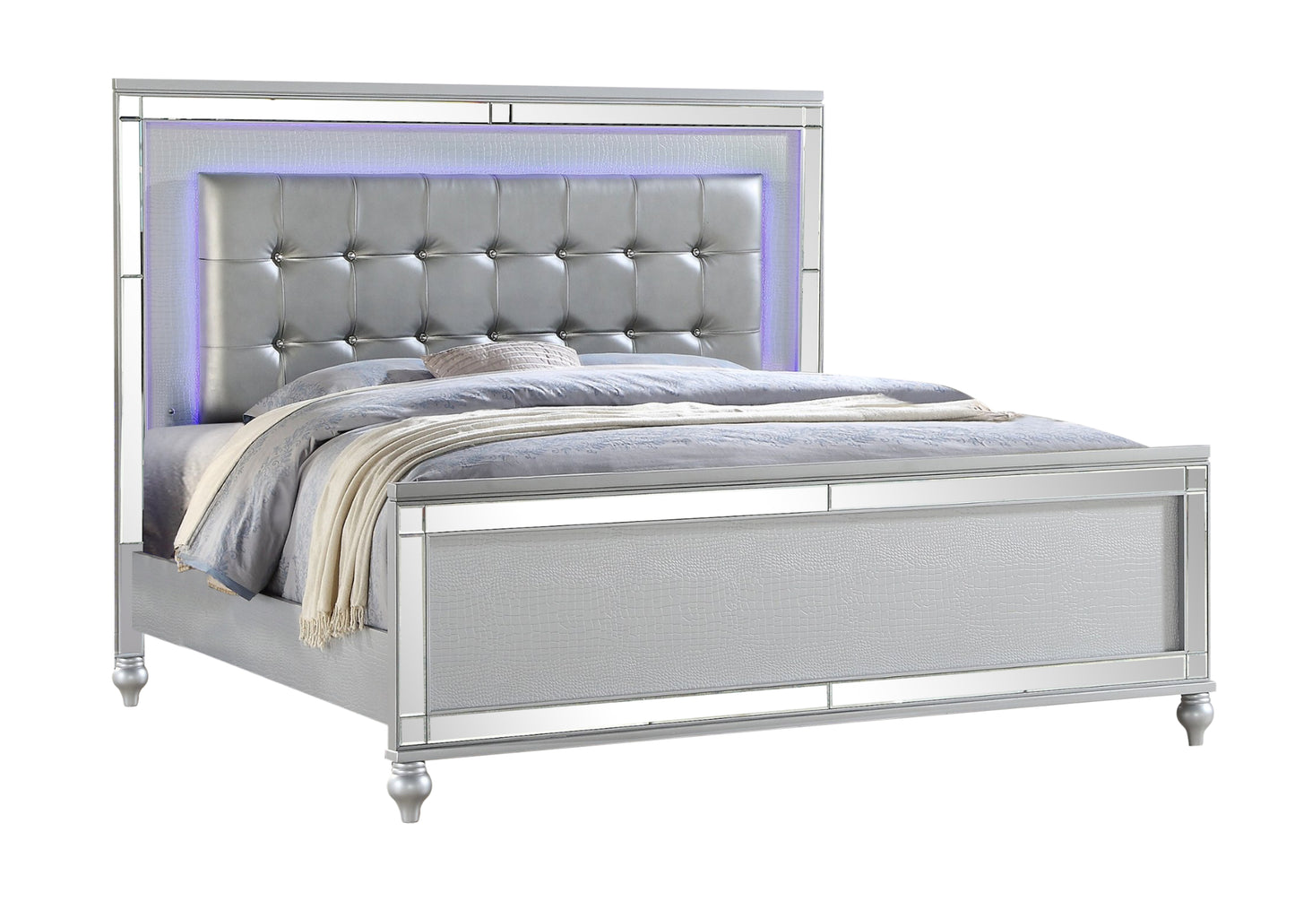 Silver 4PC LED Bedroom Set - Wooden Queen Bed, Nightstand, Dresser, Mirror