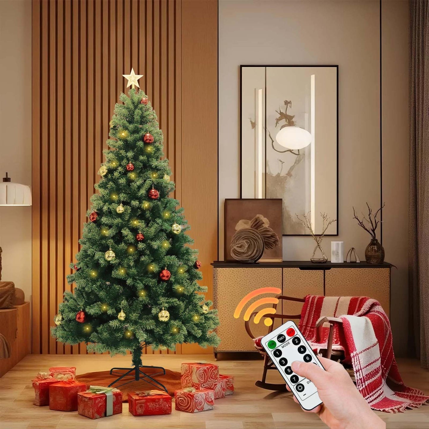 7ft Pre-Lit Christmas Tree with Ornaments & Tree Topper .Complete Holiday Decoration Set for Home & Office