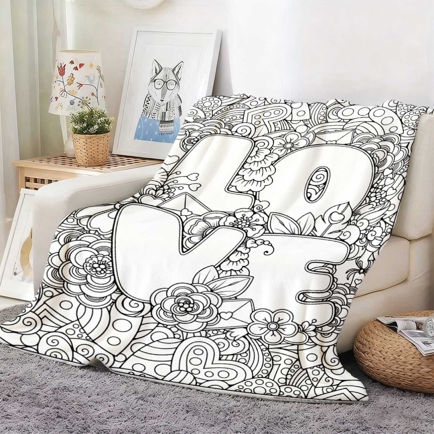 Black White Coloring Page Anime Flannel Throw, Soft Comfortable for Sofa Bed Couch Travel Birthday Christmas Gift