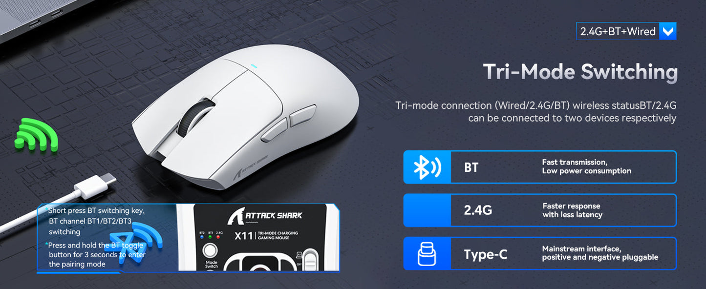 ATTACK SHARK X11 Wireless Gaming Mouse with RGB Magnetic Charging Dock, Tri-Mode Bluetooth/2.4GHz/USB-C, Ergonomic Rechargeable Mouse for PC, Mac & Laptop