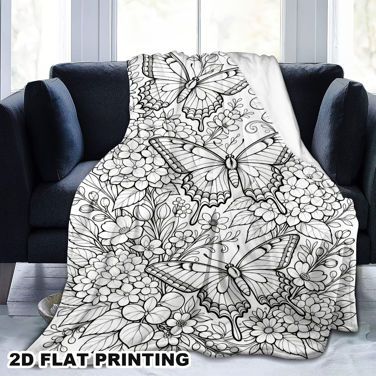 Adult Coloring Butterfly Floral Flannel Blanket, Soft Skin-Friendly Throw for Bedroom Nap, Creative DIY Stress-Relief Gift