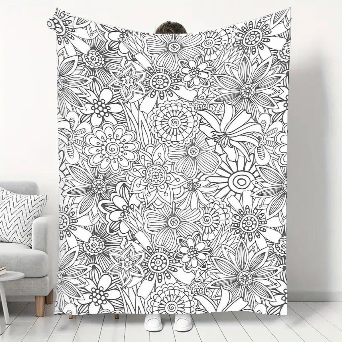 Adult Stress-Relief Coloring Flannel Blanket, DIY Hand-Painted Thickened Warm Throw for Home Office Naps, Creative Doodle Floral