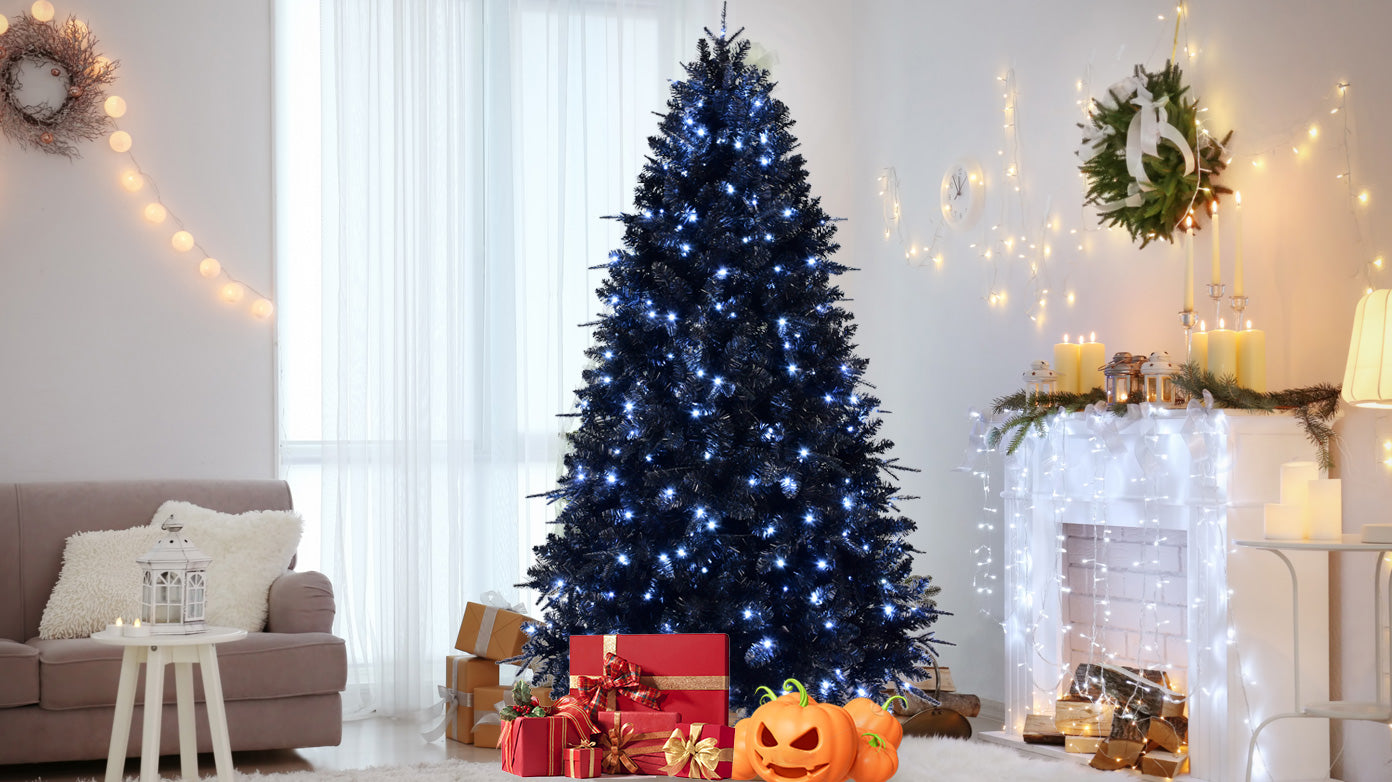 7FT Pre-Lit Black Artificial Christmas Tree with 450 White LED Lights . Premium Holiday Décor