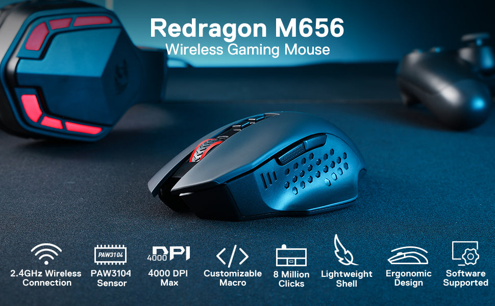 Redragon M656 Gainer Wireless Gaming Mouse, 4000 DPI 2.4GHz Ergonomic Optical Mouse with Programmable Buttons for PC, Laptop & Mac