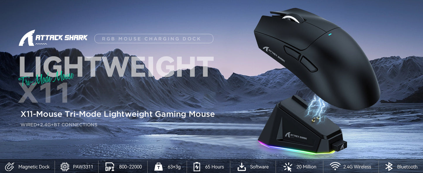 ATTACK SHARK X11 Wireless Gaming Mouse with RGB Magnetic Charging Dock, Tri-Mode Bluetooth/2.4GHz/USB-C, Ergonomic Rechargeable Mouse for PC, Mac & Laptop