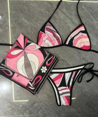 Vintage Geometric Print 3-Piece Bikini Set with Matching Cover-Up