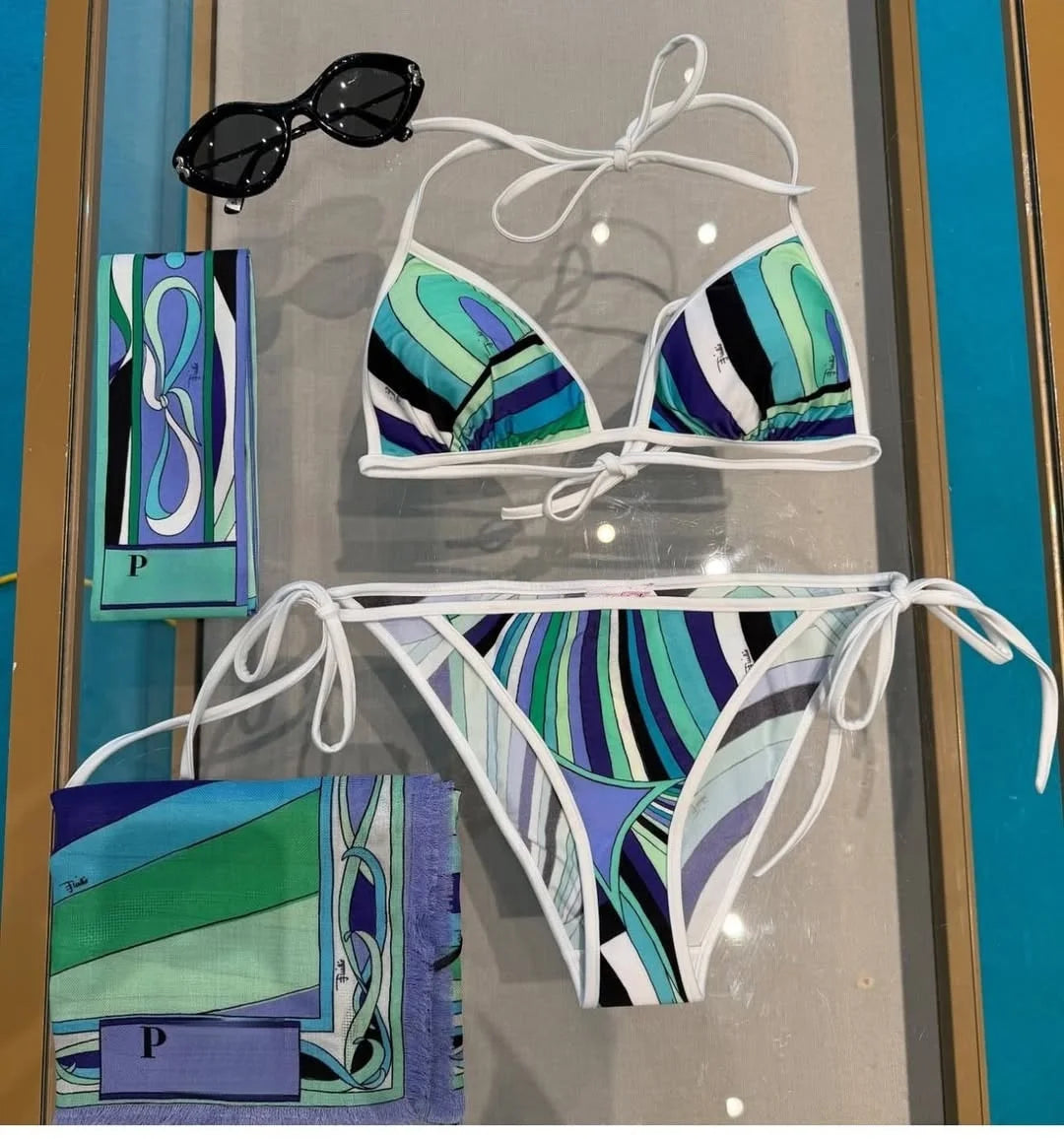 Vintage Geometric Print 3-Piece Bikini Set with Matching Cover-Up