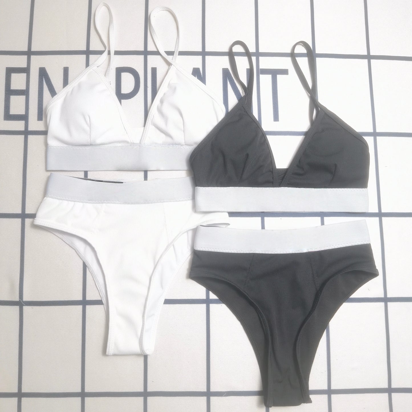 Minimalist Black & White Two Piece Bikini Set Thin Strap Swimwear.