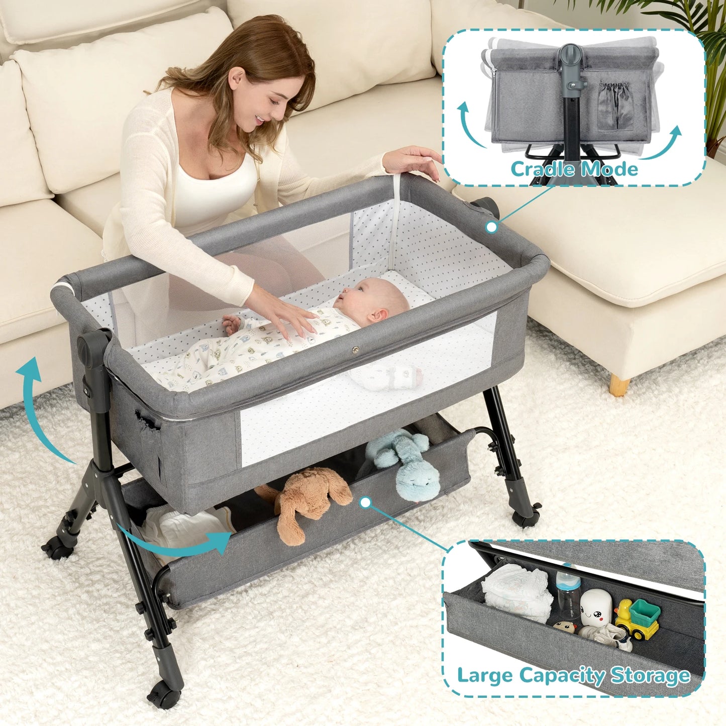 3-in-1 Baby Bassinet Bedside Sleeper with Adjustable Height & Portable Design