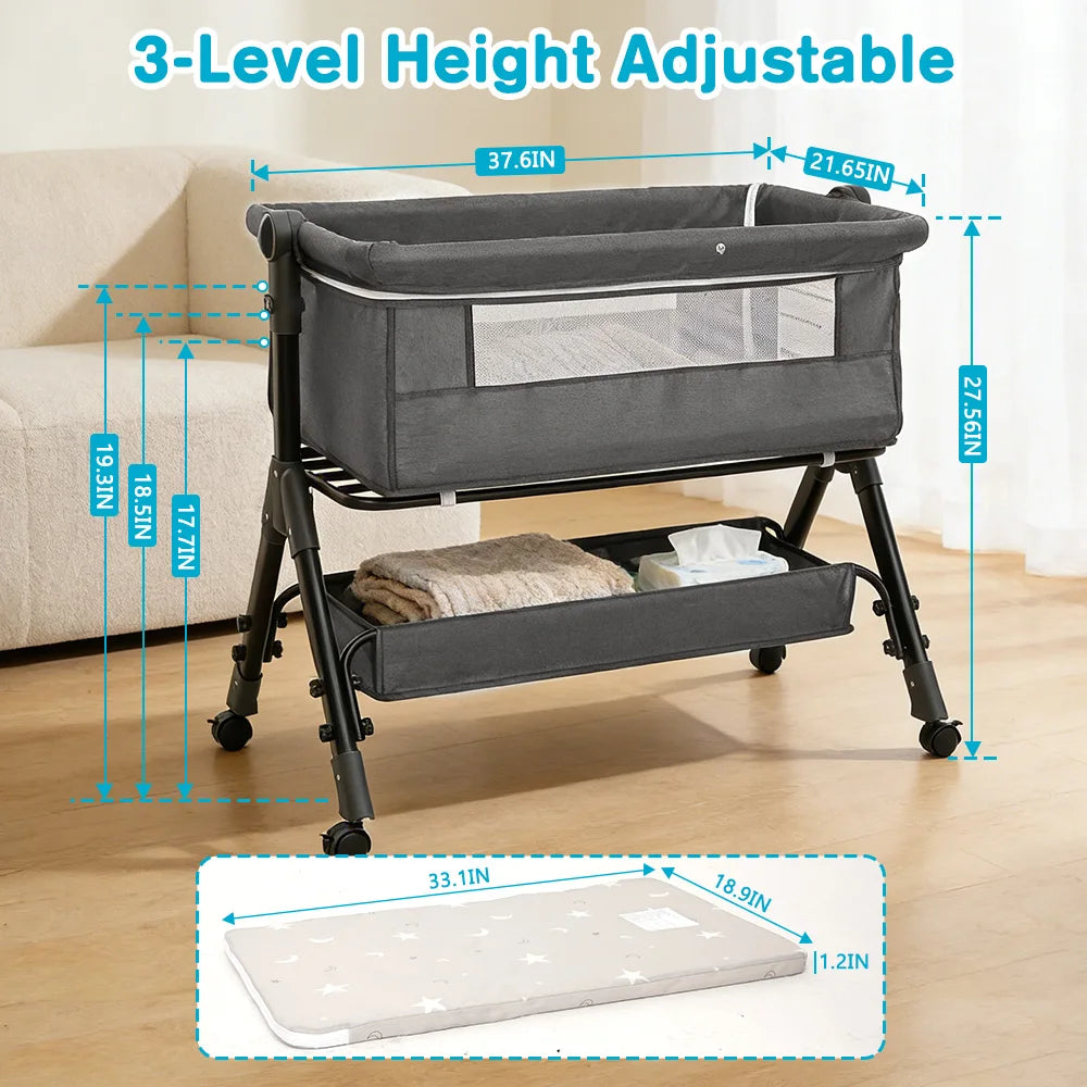 3-in-1 Portable Baby Bassinet & Bedside Sleeper with Storage Shelf and Wheels