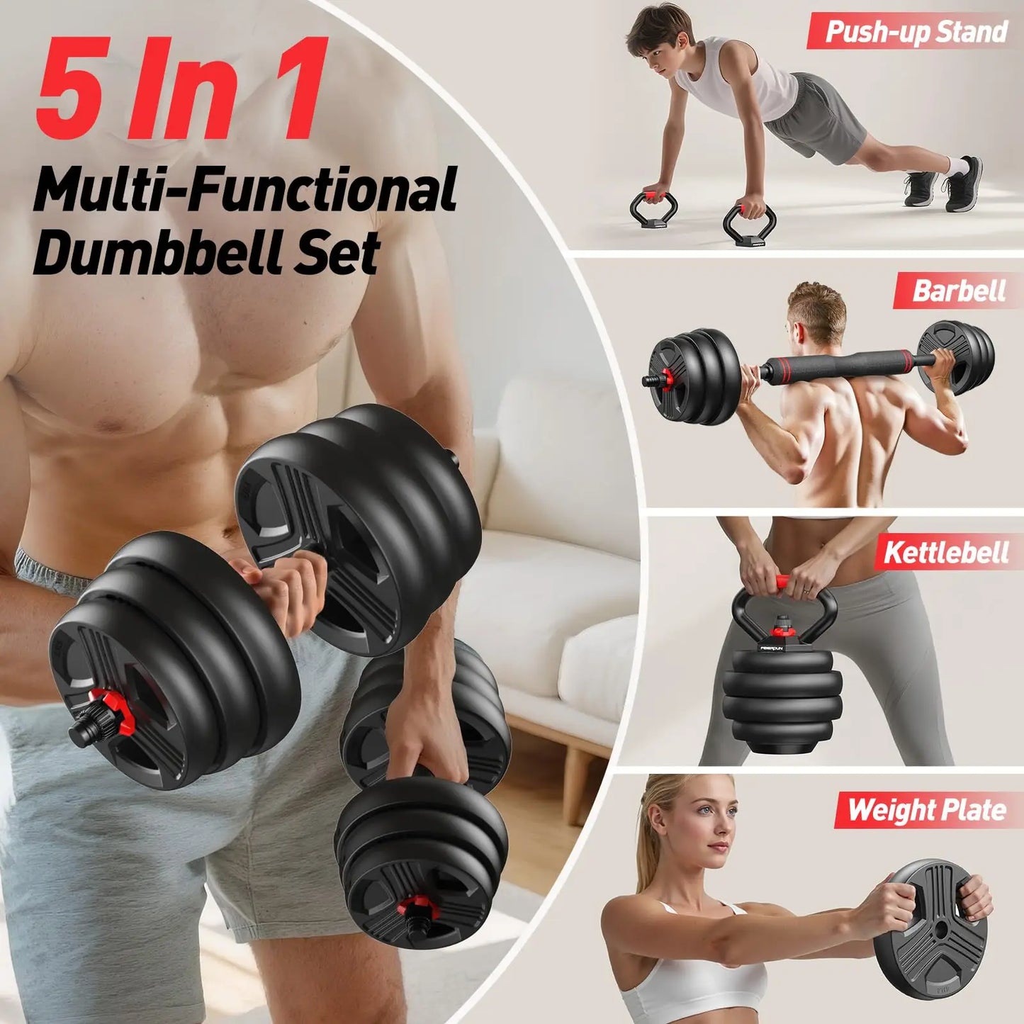 5-in-1 Adjustable Dumbbell Set . Multi-Weight Home Strength Training Equipment