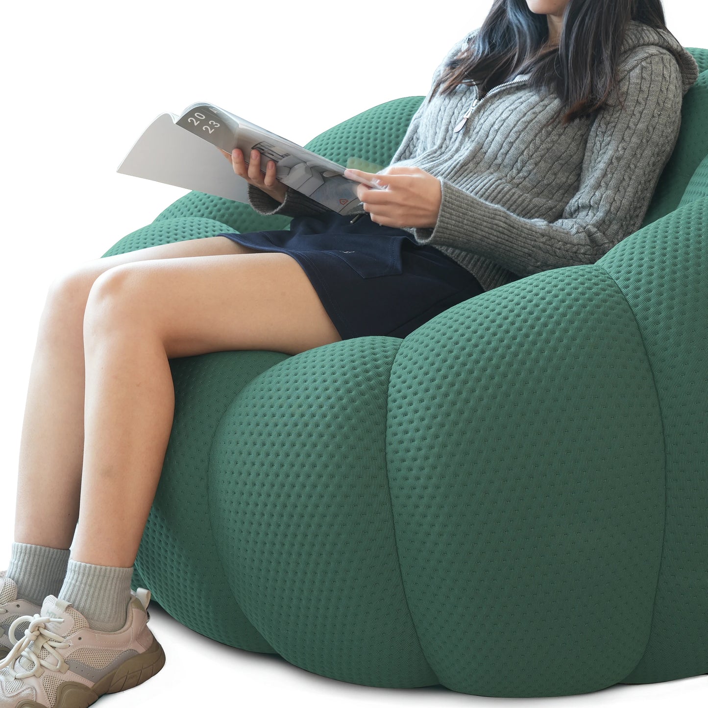 98.43'' Comfortable Curved Couch 3D Honeycomb Shape Mesh Fabric Bean Bag Sofa for Living Room Apartment Small Space - 3 Seater