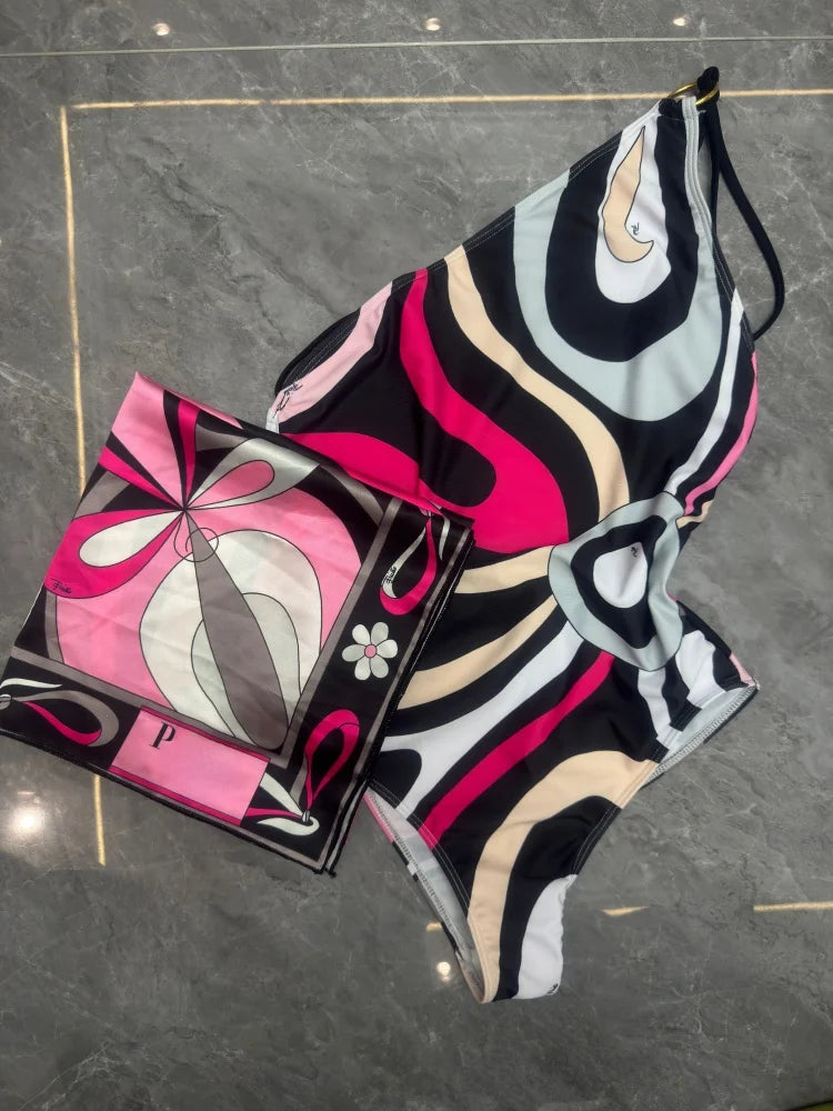Vintage Geometric Print 3-Piece Bikini Set.Women’s Beach & Resort Swimwear