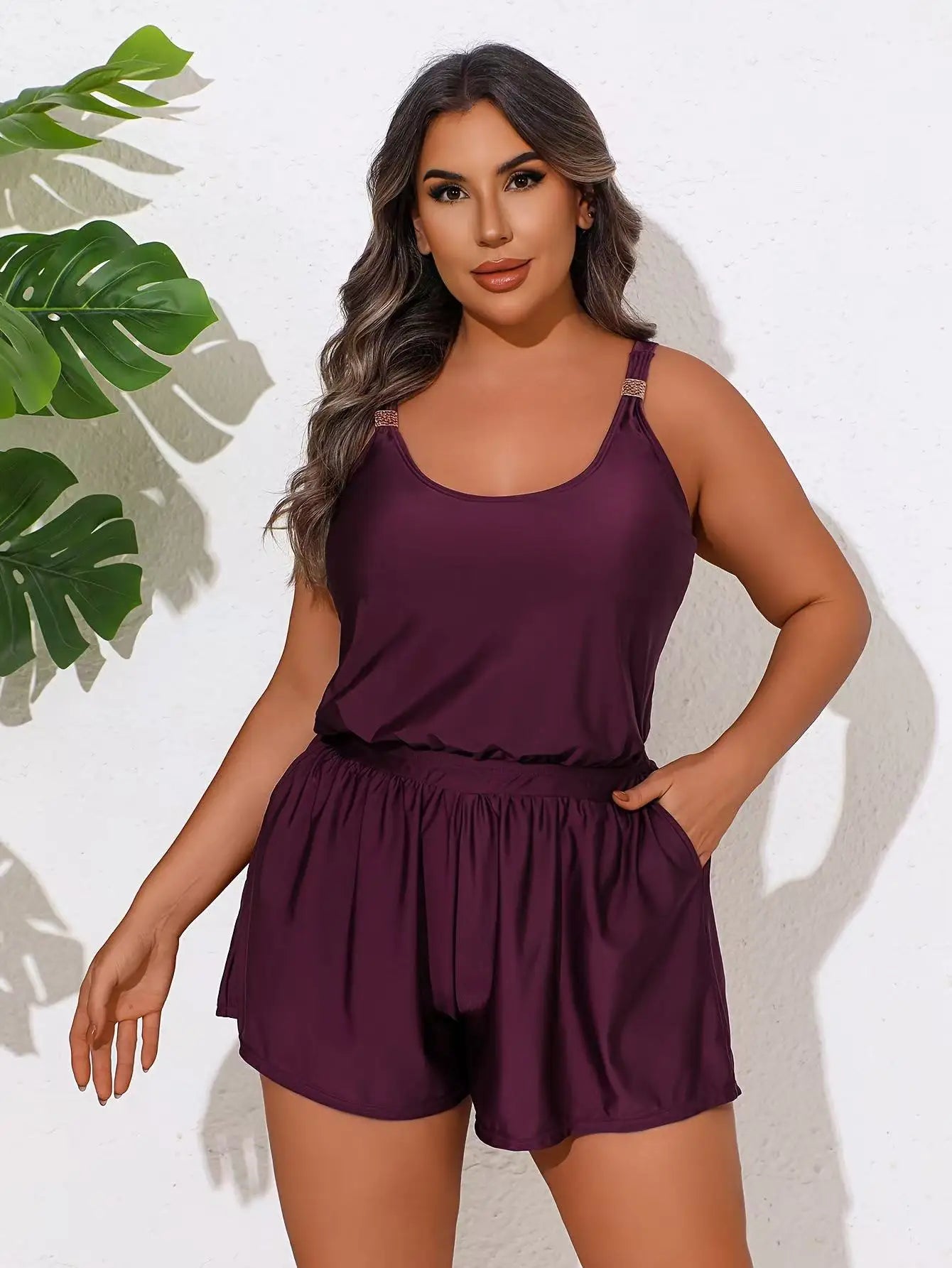 Plus Size One-Piece Romper Swimsuit with Adjustable Straps