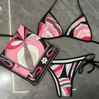 Vintage Geometric Print 3-Piece Bikini Set with Matching Cover-Up