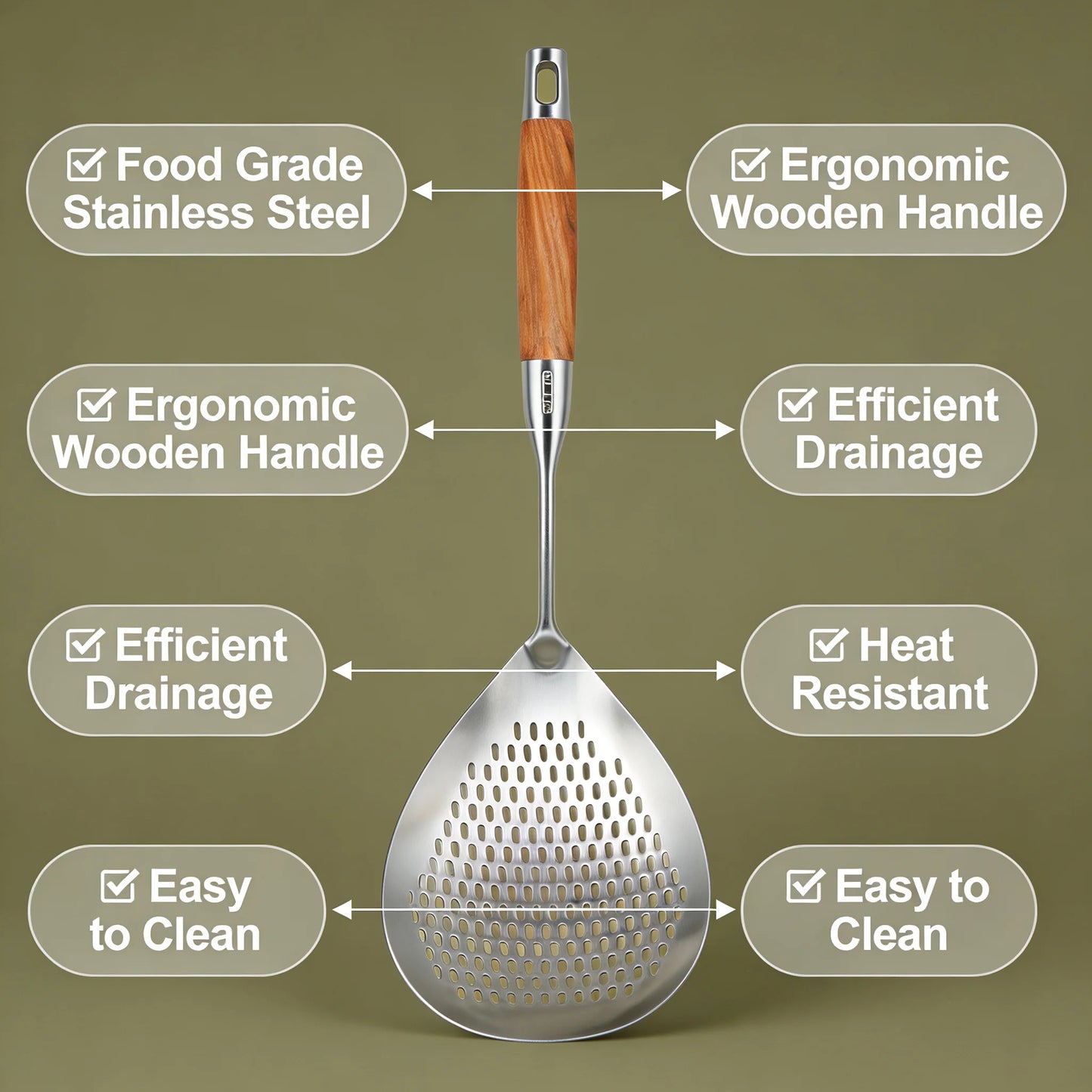 Stainless Steel Slotted Spoon with Wooden Handle Heat Resistant Cooking Utensil