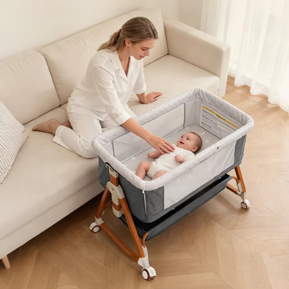 3-in-1 Baby Bedside Sleeper Bassinet with Storage Basket, Adjustable Newborn Co-Sleeper Crib