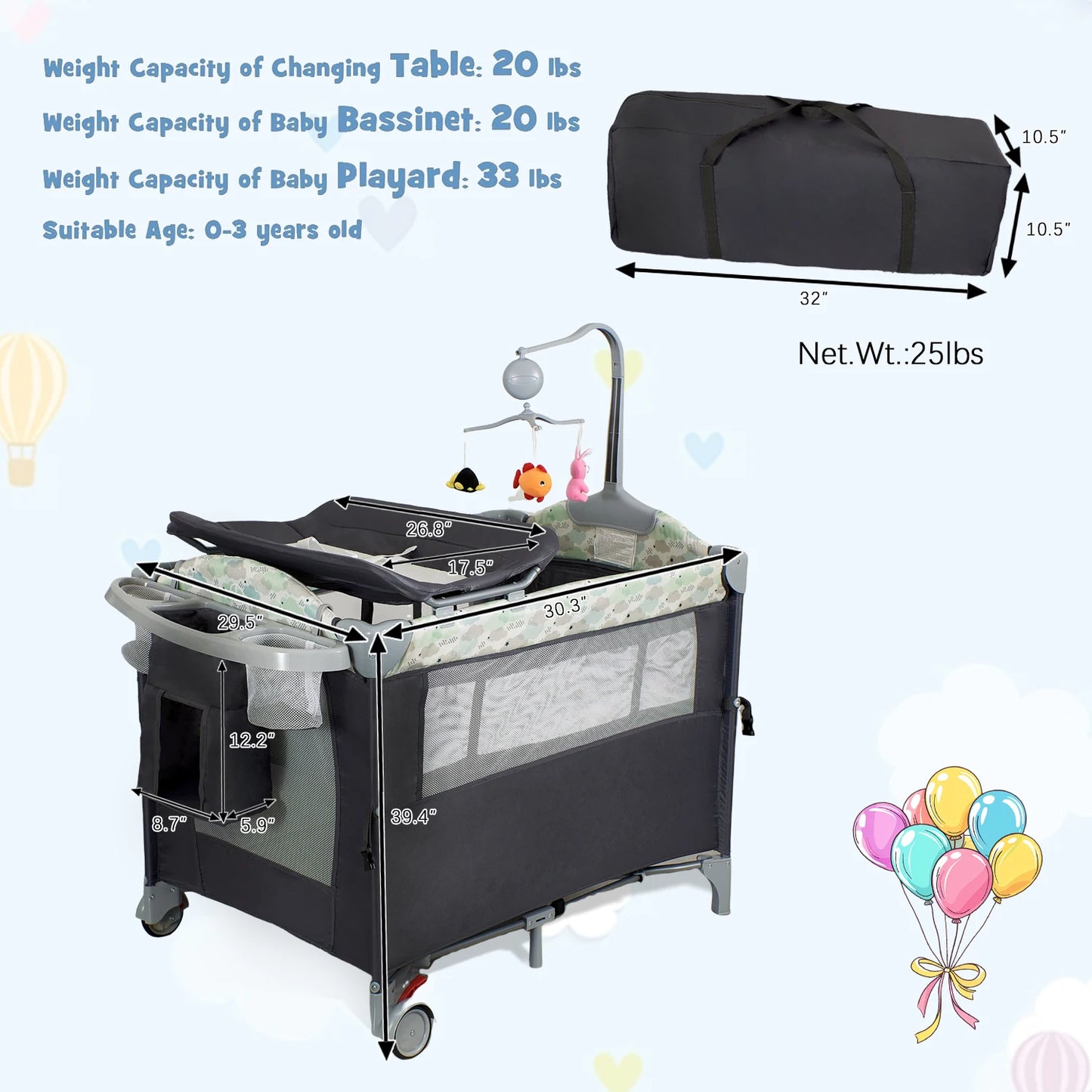 Baby Bassinet Bedside Sleeper & Portable Play Yard with Changing Station