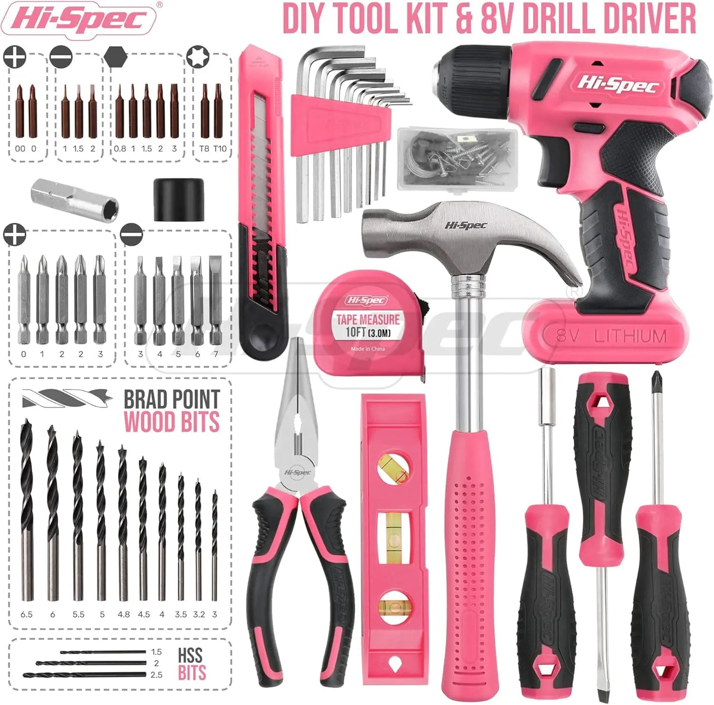 Hi-Spec Drill Set 58pc Pink Tool Set 8V USB Electric Drill Driver & Household Tool Kit.
