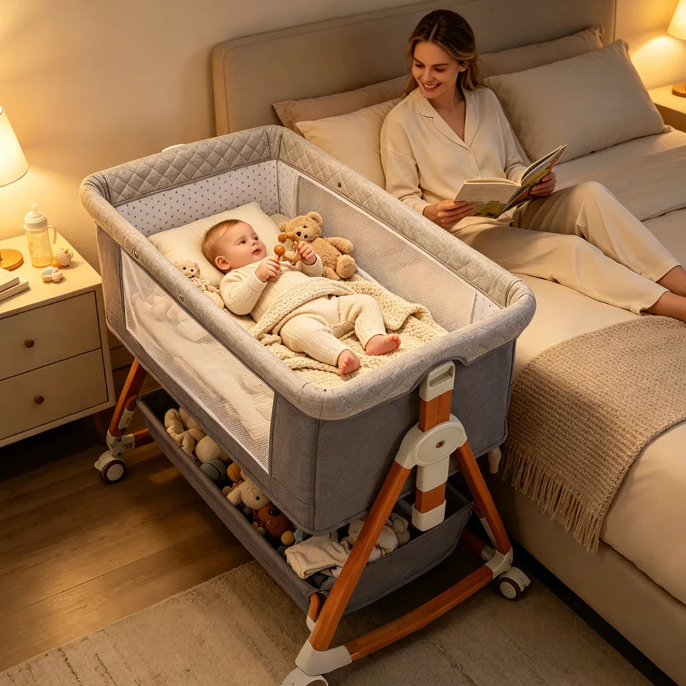 3-in-1 Baby Bedside Sleeper Bassinet with Storage Basket, Adjustable Newborn Co-Sleeper Crib