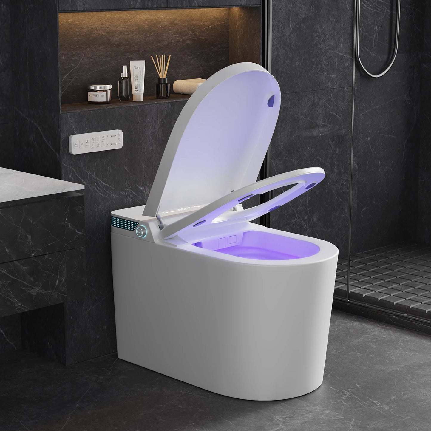 Smart One-Piece Toilet with Built-In Bidet, Auto Flush & Heated Seat .Modern Luxury Bathroom Upgrade