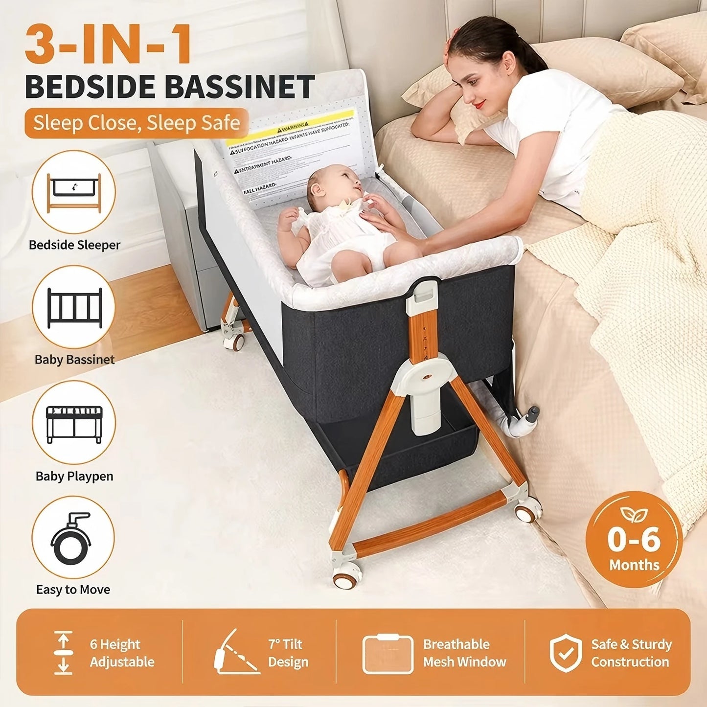 3-in-1 Baby Bassinet Bedside Sleeper Portable Crib with Adjustable Height