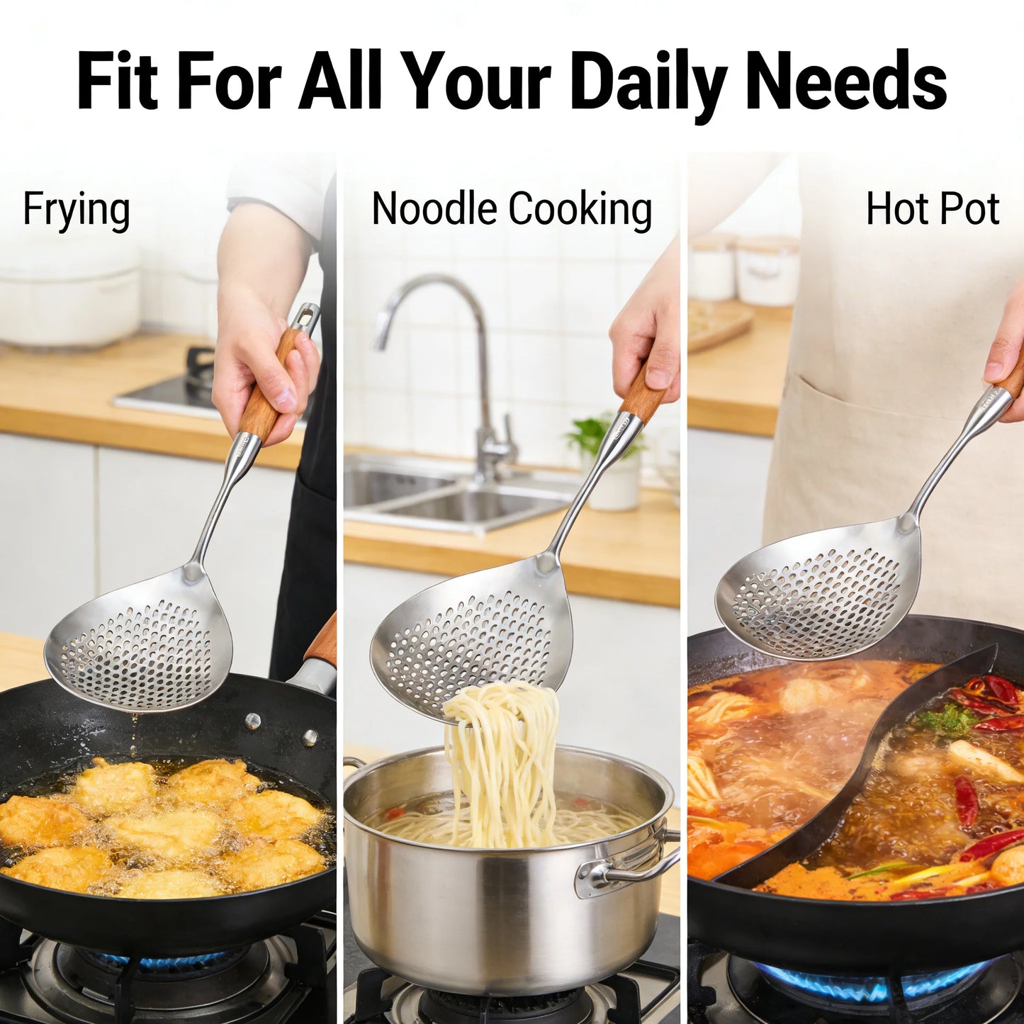 Stainless Steel Slotted Spoon with Wooden Handle Heat Resistant Cooking Utensil