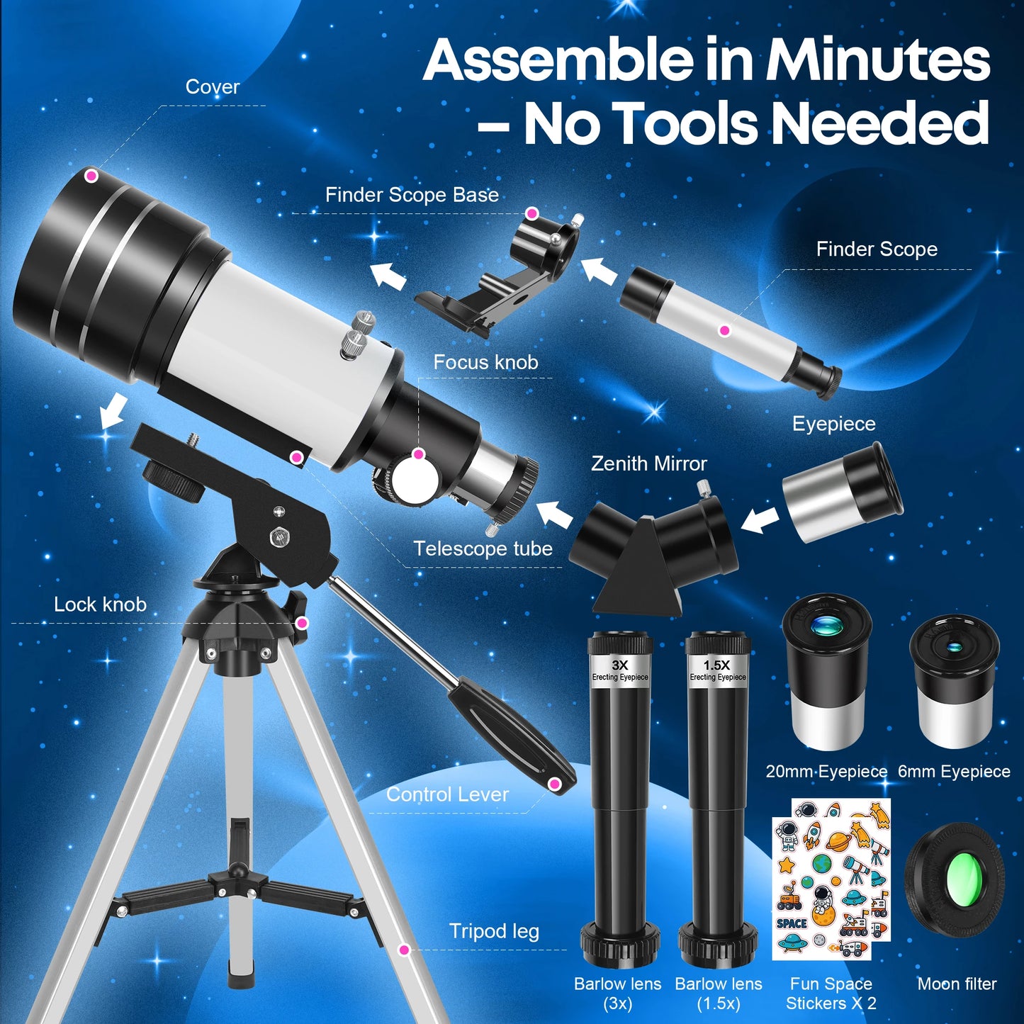 150X70mm Astronomical Telescope for Adults & Beginners .Portable Refractor Telescope with Tripod  Description:
