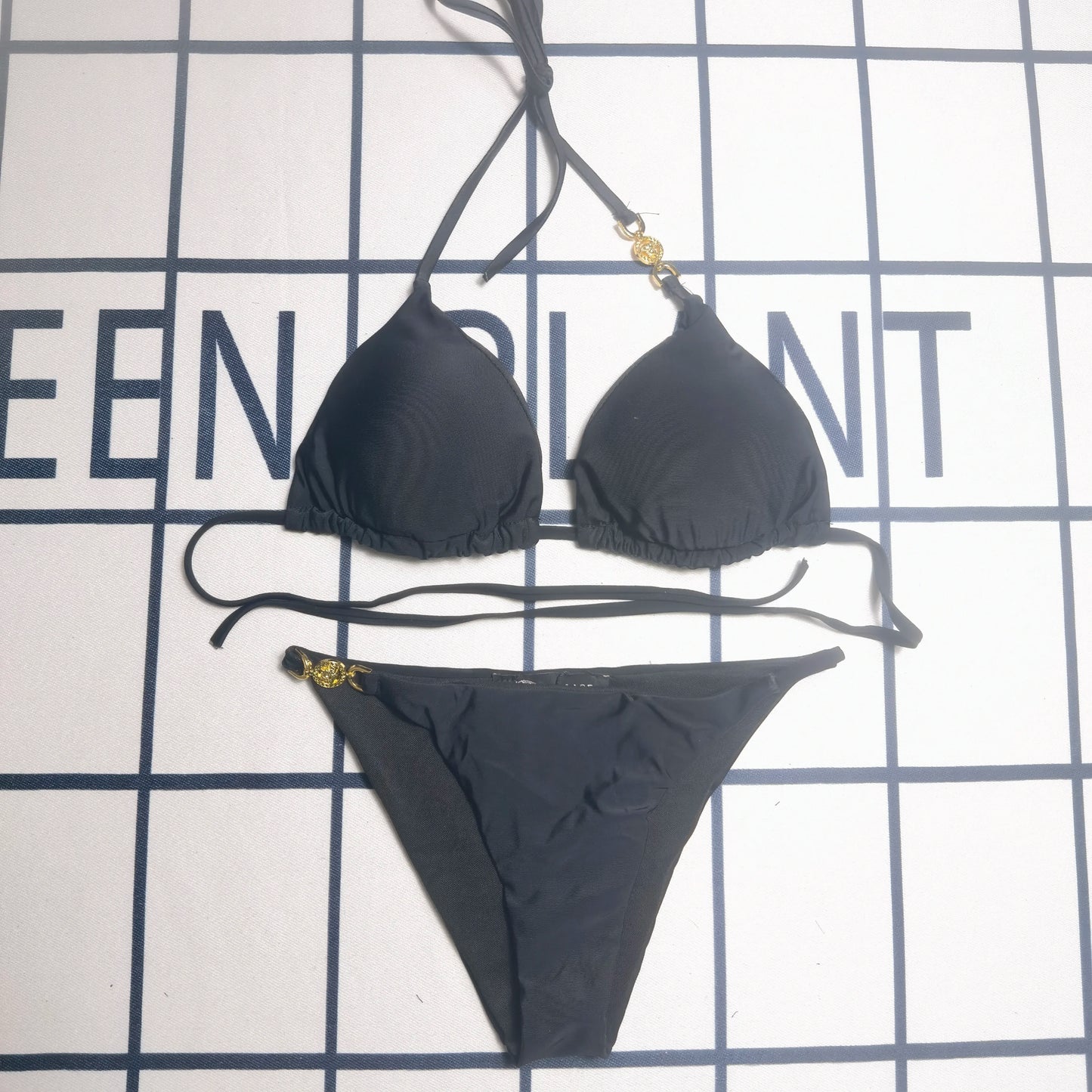 Minimalist Black & White Two Piece Bikini Set Thin Strap Swimwear.