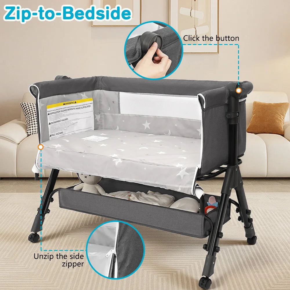 3-in-1 Portable Baby Bassinet & Bedside Sleeper with Storage Shelf and Wheels