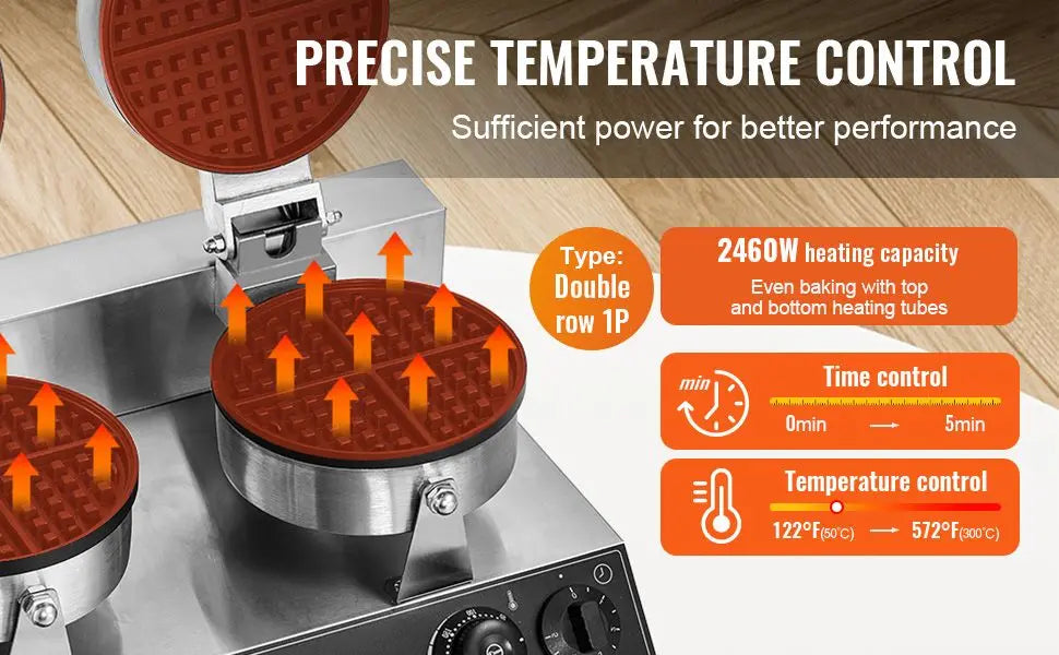 Commercial Waffle Maker Double Head Waffle Iron Machine 110V 2460W Nonstick Muffins Baking Machine, Adjustable Temperature