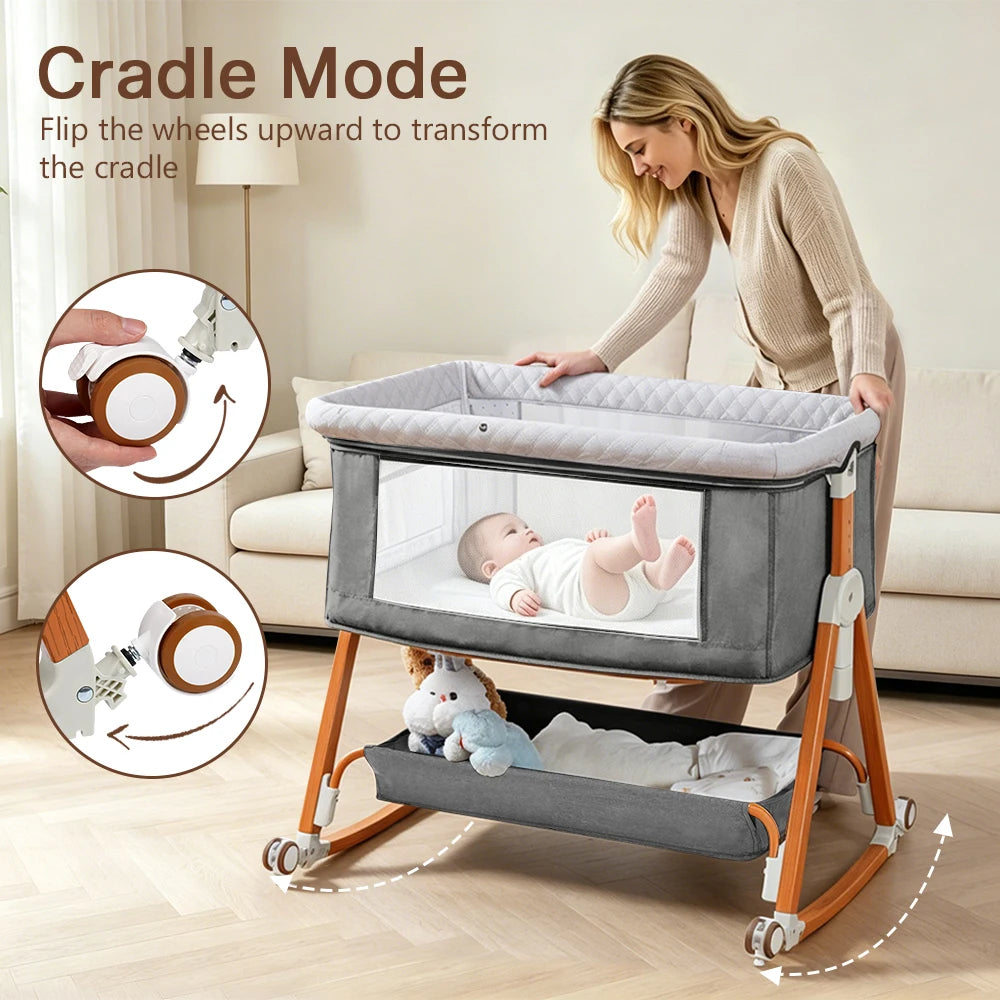 3-in-1 Baby Bedside Sleeper Bassinet with Storage Basket, Adjustable Newborn Co-Sleeper Crib